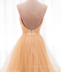 Prom Look, Champagne tulle long prom dress, champagne evening dress