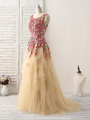 Party Dresses Miami, Champagne Tulle Long Prom Dress Lace Applique Evening Dress