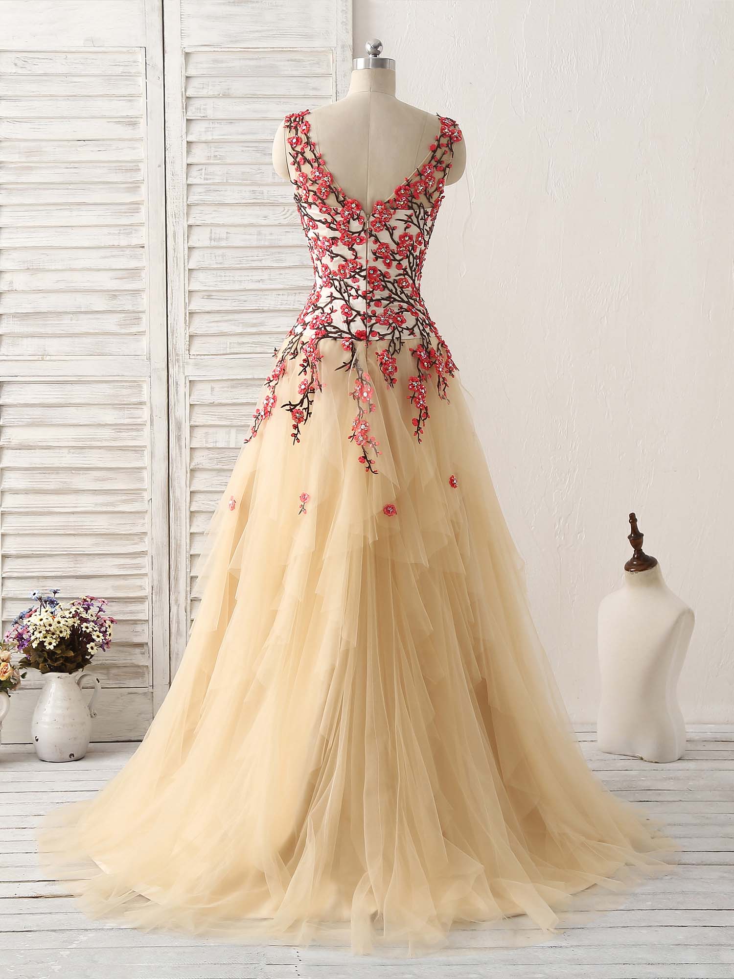 Party Dress For Christmas Party, Champagne Tulle Long Prom Dress Lace Applique Evening Dress
