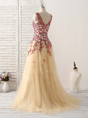 Party Dresses For Christmas Party, Champagne Tulle Long Prom Dress Lace Applique Evening Dress