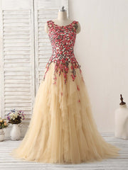 Party Dress Miami, Champagne Tulle Long Prom Dress Lace Applique Evening Dress