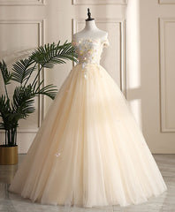 Evening Dresses For Over 44S, Champagne Tulle Off Shoulder Lace Long Prom Dress ,Sweet 16 Dress