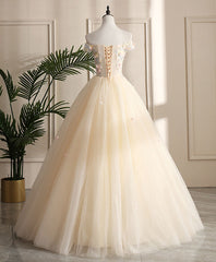 Evening Dresses For Over 44, Champagne Tulle Off Shoulder Lace Long Prom Dress ,Sweet 16 Dress