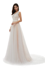 Wedding Dress The Bride, Champagne Tulle Scoop Neck Lace Appliques Beading Wedding Dresses
