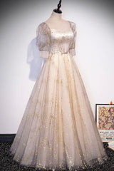 Prom Dress Pieces, Champagne Tulle Sequins Long Prom Dress, Cute 1/2 Sleeve Party Dress