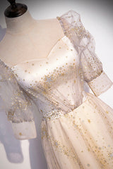 Prom Dresses Piece, Champagne Tulle Sequins Long Prom Dress, Cute 1/2 Sleeve Party Dress