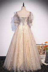 Prom Dress Piece, Champagne Tulle Sequins Long Prom Dress, Cute 1/2 Sleeve Party Dress