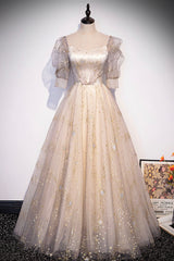 Prom Dresses Silk, Champagne Tulle Sequins Long Prom Dress, Cute 1/2 Sleeve Party Dress