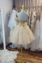 Prom Dress Sleeve, Champagne Tulle Short A-Line Prom Dress, Lovely Strapless Party Dress