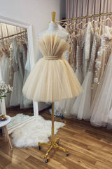 Prom Dresses 2026 Cheap, Champagne Tulle Short A-Line Prom Dress, Lovely Strapless Party Dress