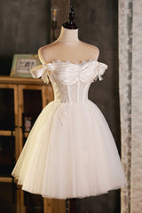 Formal Dresses 2025, Champagne Tulle Short A-Line Prom Dress, Off the Shoulder Evening Party Dress