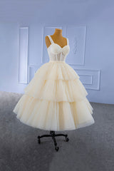 Formal Dress Attire, Champagne Tulle Short Prom Dress with Beaded, A-Line Tea Length Party Dress