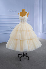 Formal Dress Elegant, Champagne Tulle Short Prom Dress with Beaded, A-Line Tea Length Party Dress