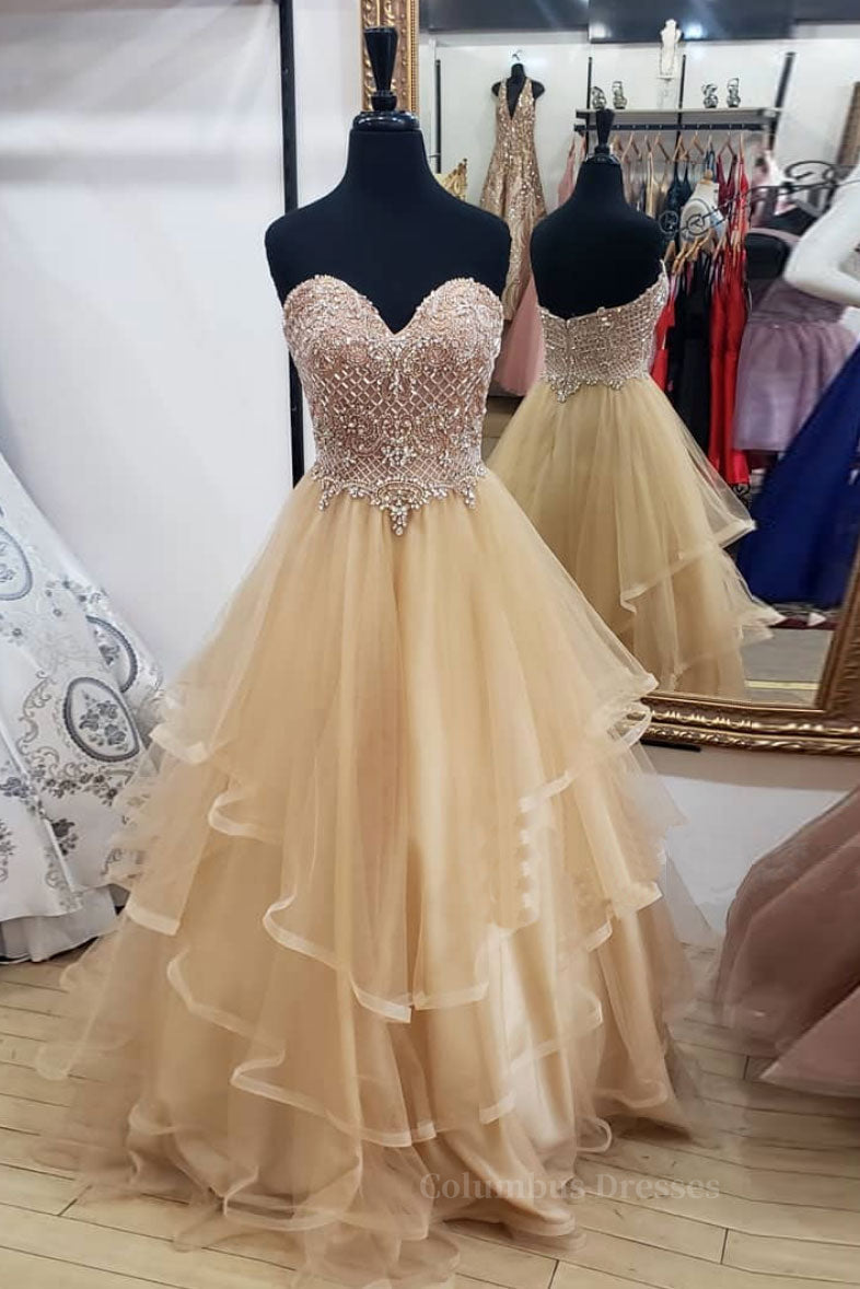 Formal Dresses For Weddings, Champagne tulle sweetheart long prom dress, champagne evening dress