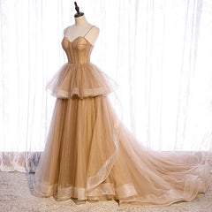 Homecoming Dress Stores, Champagne Tulle Sweetheart Straps Long Ball Gown Prom Dresses, Champagne Party Dresses
