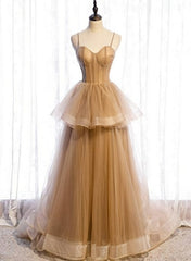 Homecoming Dresses Websites, Champagne Tulle Sweetheart Straps Long Ball Gown Prom Dresses, Champagne Party Dresses