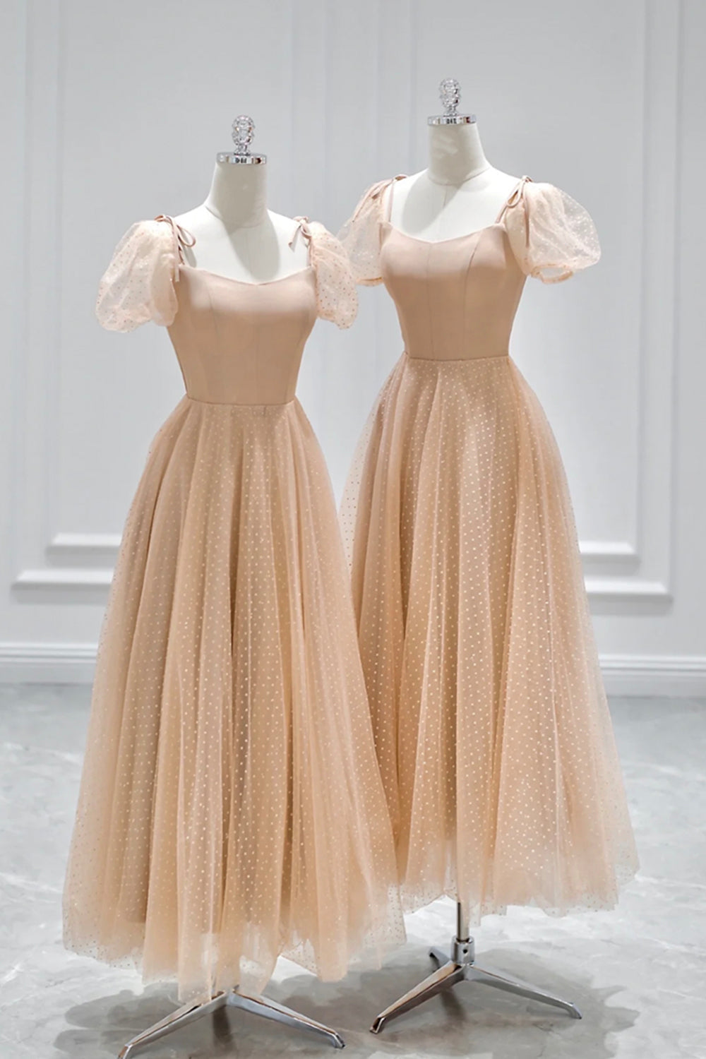 Bridesmaid Dress Style Long, Champagne Tulle Tea Length Prom Dress, Cute Short Sleeve Evening Dress