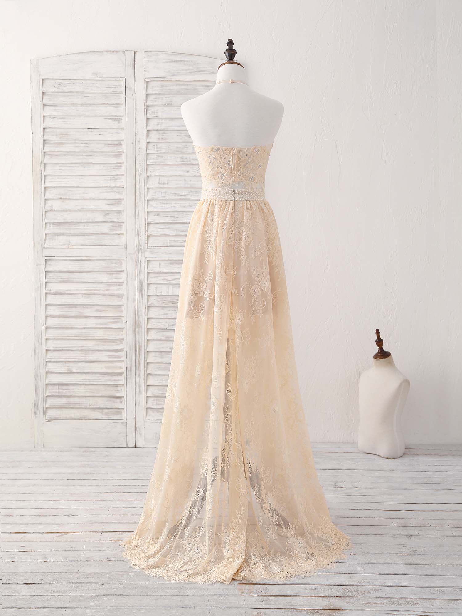 Bridesmaid Dress Style Long, Champagne Two Pieces Lace Long Prom Dress Lace Evening Dress