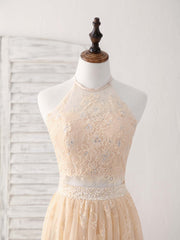 Bridesmaids Dress Beach, Champagne Two Pieces Lace Long Prom Dress Lace Evening Dress
