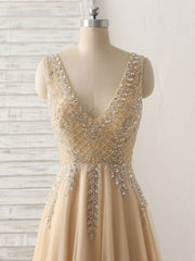 Dinner Outfit, Champagne V Neck Beads Long Prom Dress Tulle Evening Dress