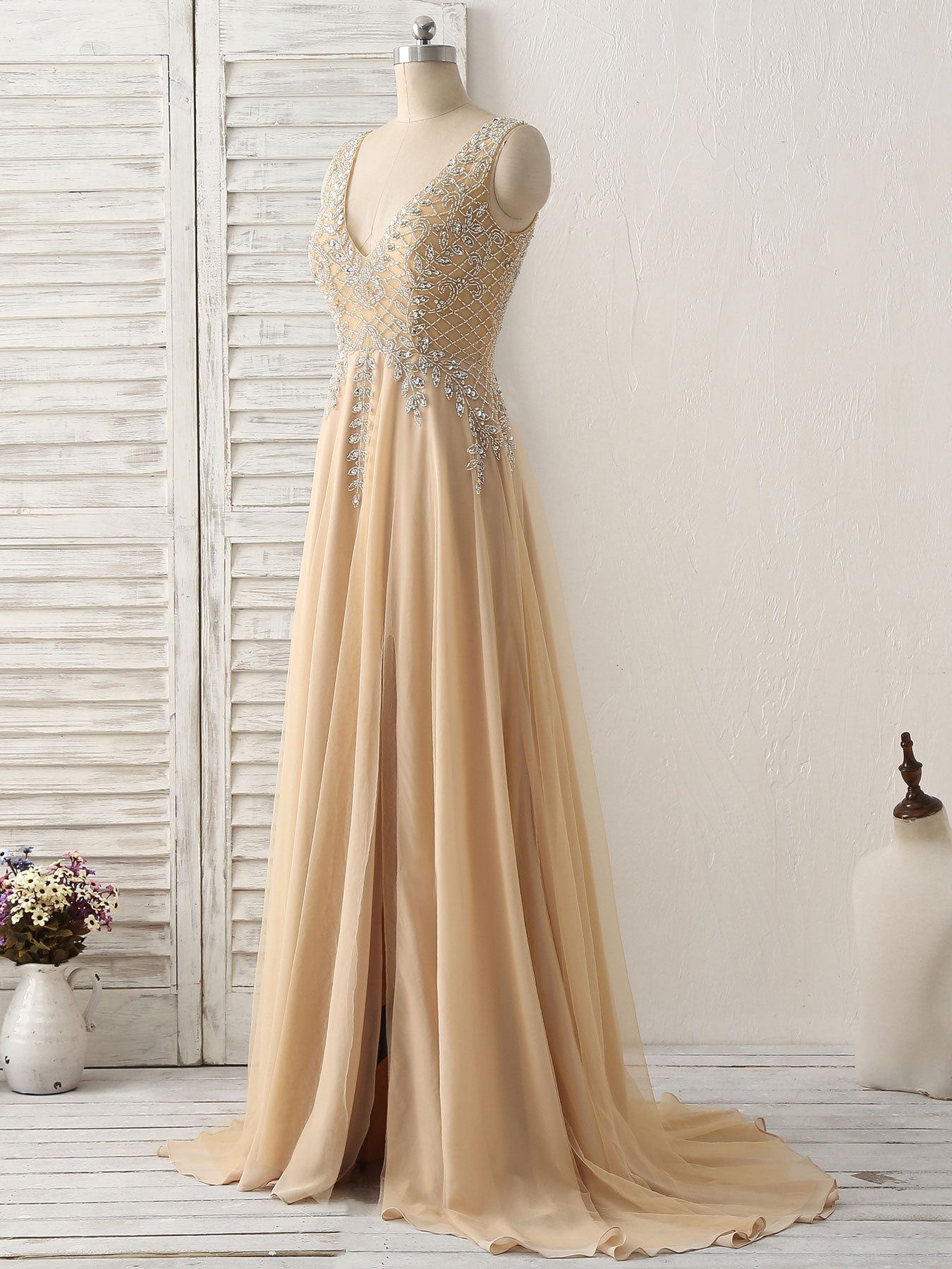 Party Dress Short Tight, Champagne V Neck Beads Long Prom Dress Tulle Evening Dress