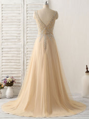 Party Dresses Short Tight, Champagne V Neck Beads Long Prom Dress Tulle Evening Dress