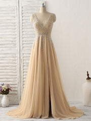 Elegant Dress Classy, Champagne V Neck Beads Long Prom Dress Tulle Evening Dress