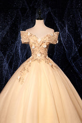 Prom Dress 2026, Champagne V-Neck Lace Long Ball Gown, Off the Shoulder Formal Evening Dress