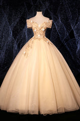 Party Dresses For 15 Year Olds, Champagne V-Neck Lace Long Ball Gown, Off the Shoulder Formal Evening Dress
