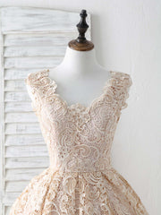 Graduation Outfit Ideas, Champagne V Neck Lace Short Prom Dress Champagne Bridesmaid Dress