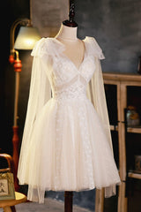 Party Dress In White, Champagne V-Neck Lace Short Prom Dress, Lovely A-Line Evening Party Dress