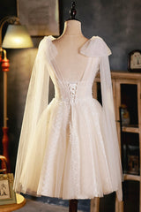 Party Dress Shiny, Champagne V-Neck Lace Short Prom Dress, Lovely A-Line Evening Party Dress