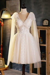 Party Dress Classy Christmas, Champagne V-Neck Lace Short Prom Dress, Lovely A-Line Evening Party Dress