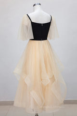Quinceanera Dress, Champagne V Neck Tea Length Prom Dresses, Tea-Length Formal Graduation Dresses