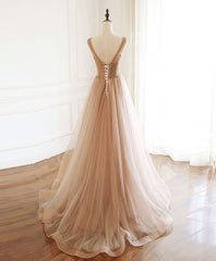 Ballgown, Champagne V Neck Tulle Beads Long Prom Dress Evening Dress
