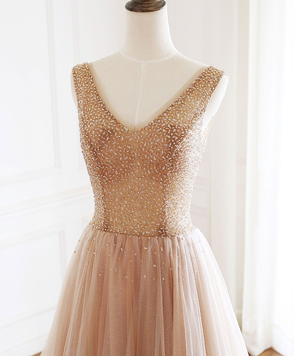 Long Dress Design, Champagne V Neck Tulle Beads Long Prom Dress Evening Dress