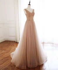 Homecoming Dresses Long, Champagne V Neck Tulle Beads Long Prom Dress Evening Dress