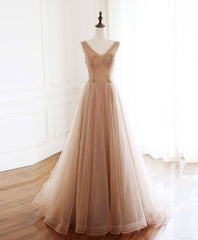 Blue Gown, Champagne V Neck Tulle Beads Long Prom Dress Evening Dress