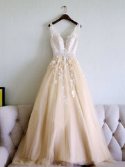 Prom Dresses With Sleeve, Champagne V Neck Tulle Lace Applique Long Prom Dress, Evening Dress