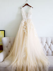 Prom Dresses Princess Style, Champagne V Neck Tulle Lace Applique Long Prom Dress, Evening Dress
