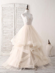 Bridesmaids Dresses Under 105, Champagne V Neck Tulle Lace Applique Long Prom Dress Sweet 16 Dress