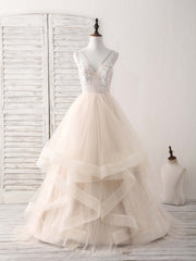Bridesmaid Dress Under 105, Champagne V Neck Tulle Lace Applique Long Prom Dress Sweet 16 Dress