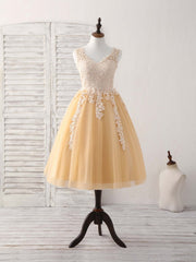 Bridesmaid Dress Winter, Champagne V Neck Tulle Lace Applique Short Prom Dresses