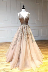 Homecomming Dresses Bodycon, Champagne v neck tulle lace beads long prom dress tulle formal dress