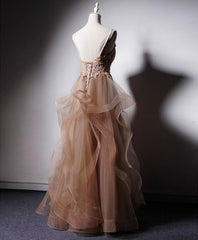 Fairy Dress, Champagne V Neck Tulle Lace Long Prom Dress, Champagne Graduation Dress