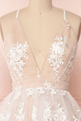 Bridesmaid Dresses Beach, Champagne v neck tulle lace short prom dress champagne tulle bridesmaid dress