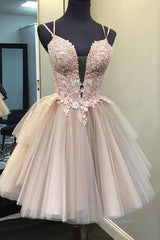 Evening Dress Modest, Champagne v neck tulle lace short prom dress lace homecoming dress