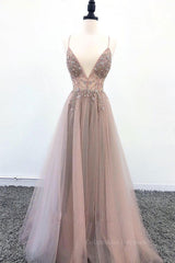 Floral Prom Dress, Champagne v neck tulle long prom dress, champagne evening dress