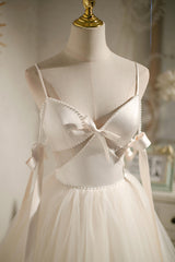 Non Traditional Wedding Dress, Champagne V-Neck Tulle Short Prom Dress, Spaghetti Straps Party Dress with Bow