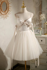 White Wedding, Champagne V-Neck Tulle Short Prom Dress, Spaghetti Straps Party Dress with Bow